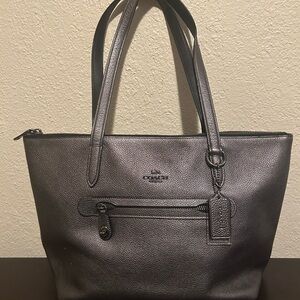 Coach Gunmetal Grey Leather Tote with Structured Design and Double Handles